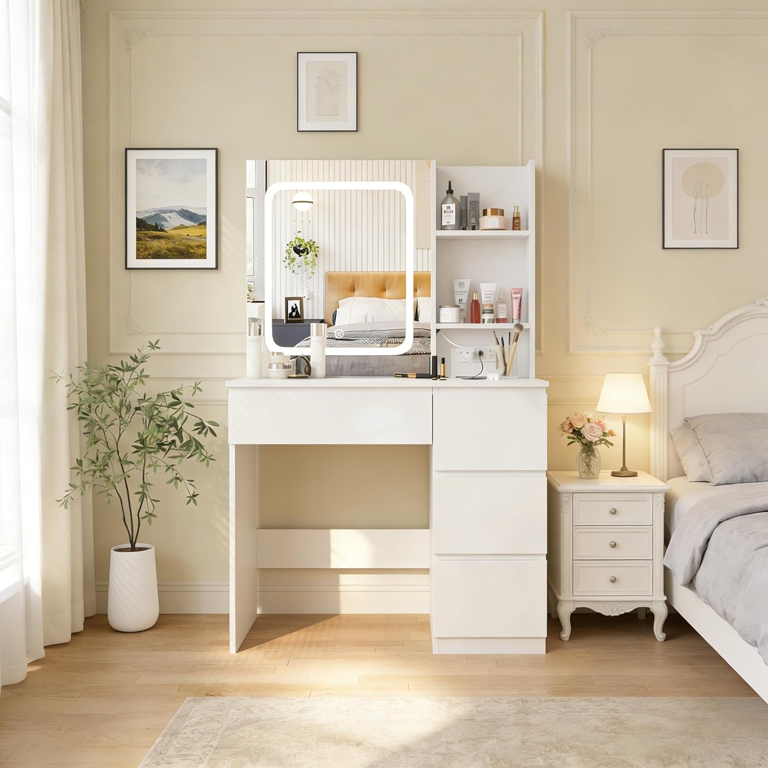 Desk Setup Charging Station - Make Up Vanity Desk with Charging