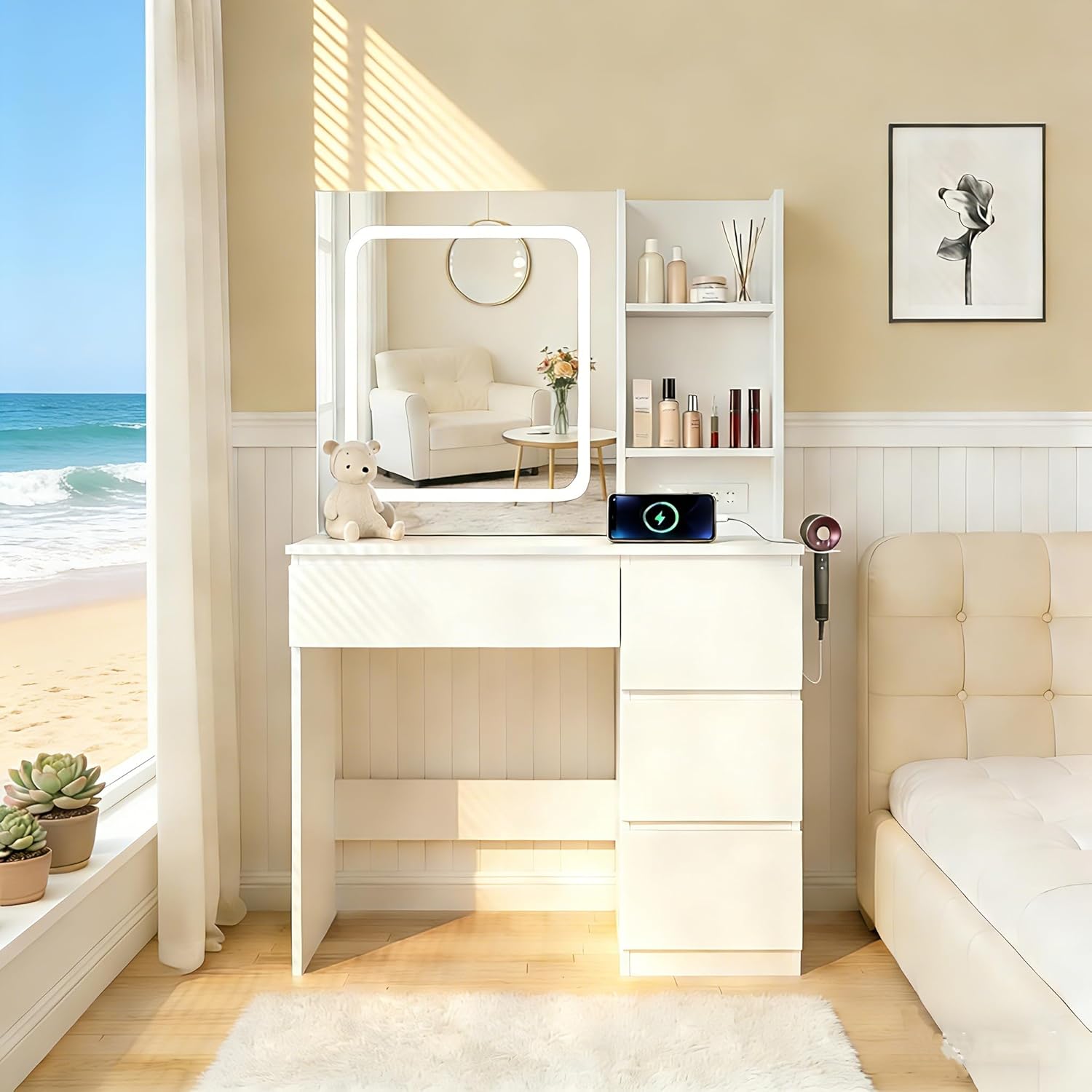 Desk Setup Charging Station - Make Up Vanity Desk with Charging