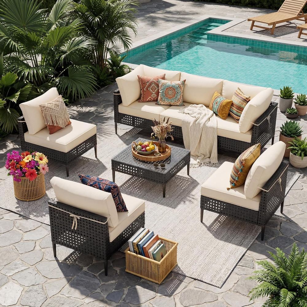Desk Setup Black - 7-Piece High-Leg Outdoor Sectional Patio Sofa