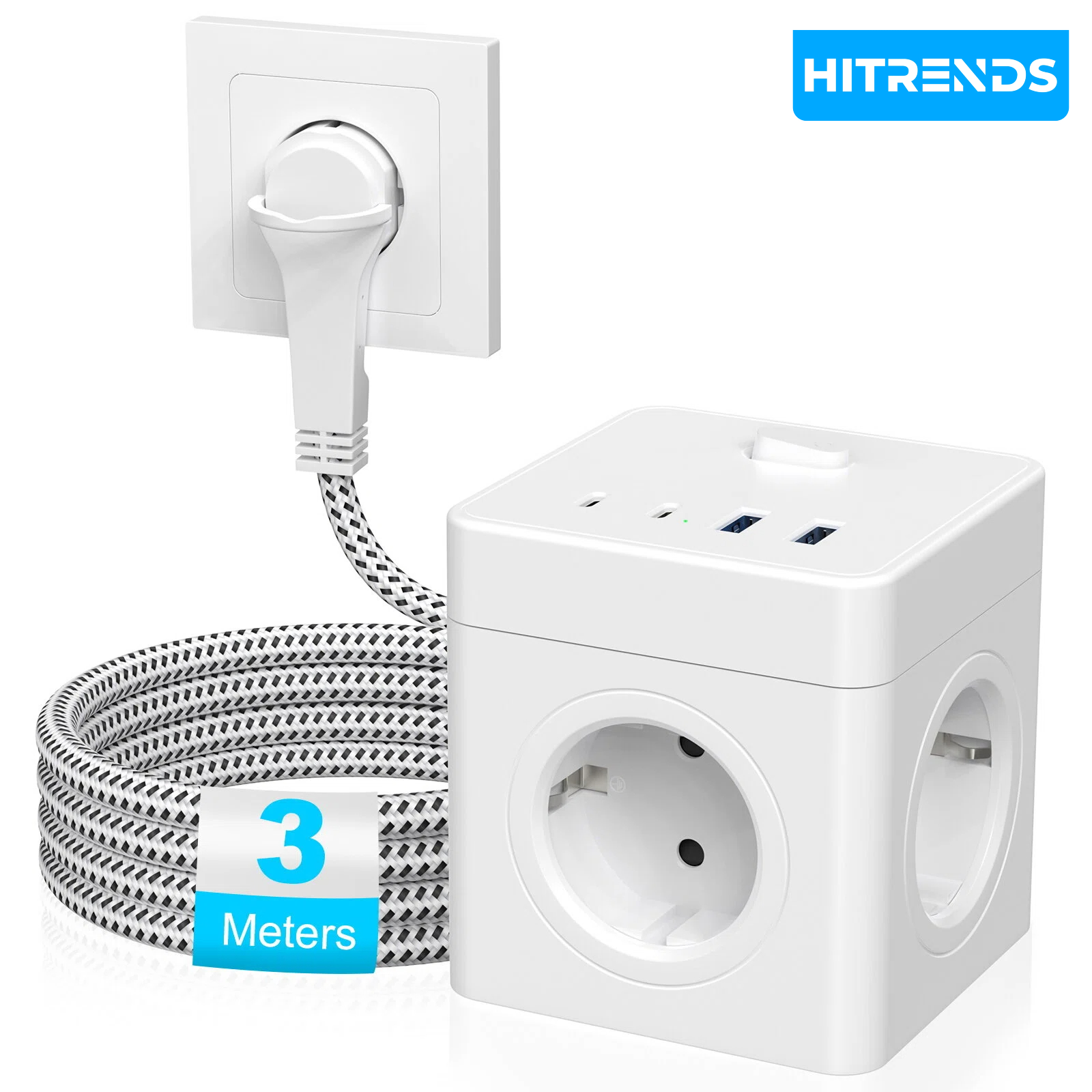 Power Strip Flat - HITRENDS 8-in-1 Cube Socket, 3-meter Extension