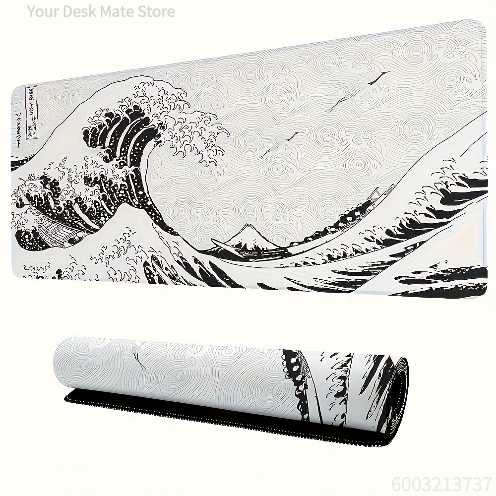 Black White Wave Art XXL Desk  - Desk Setup With Laptop のレビューと価格