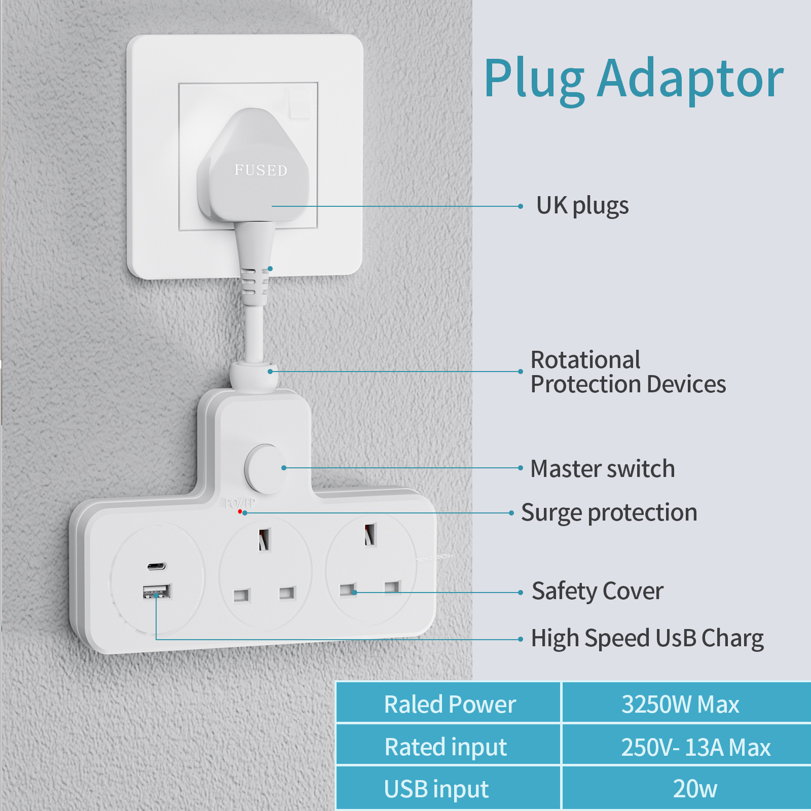 UK Power Plug Wall Outlet 13A  - Power Strip Flat のレビューと価格