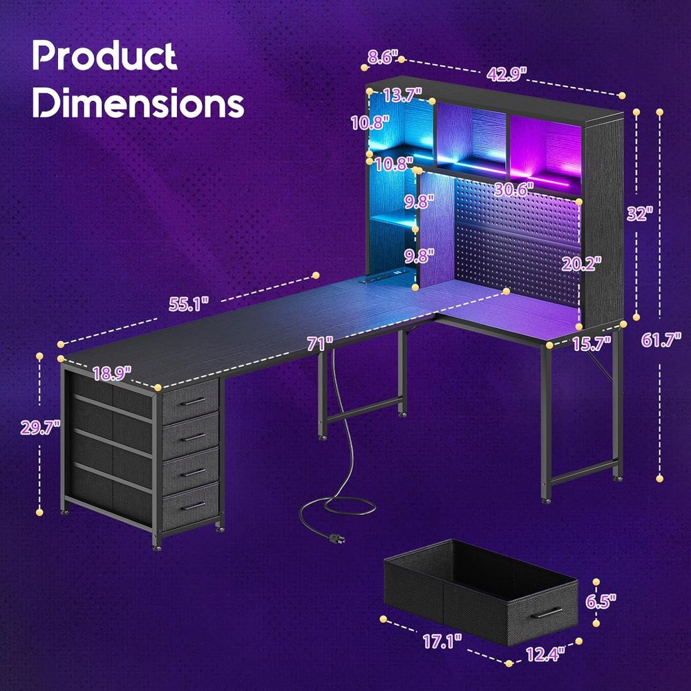 71 L-Shaped Gaming Desk with H - Desk Setup Black のレビューと価格