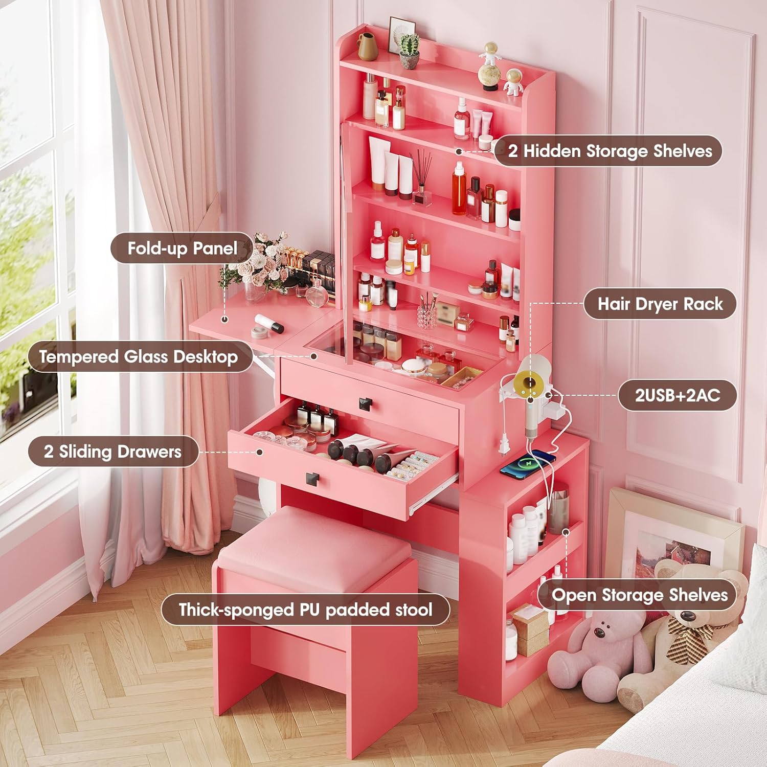 Small Makeup Vanity Desk, 3 Ad - Desk Setup Charging Station のレビューと価格