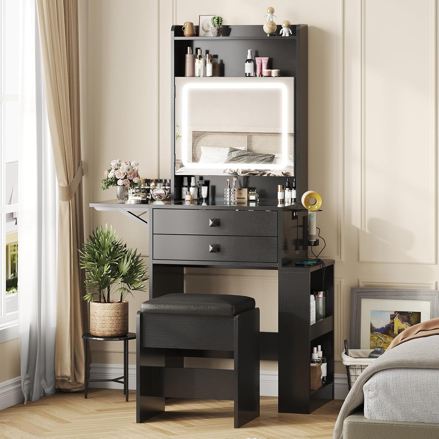 Small Makeup Vanity Desk, 3 Ad - Desk Setup Charging Station のレビューと価格
