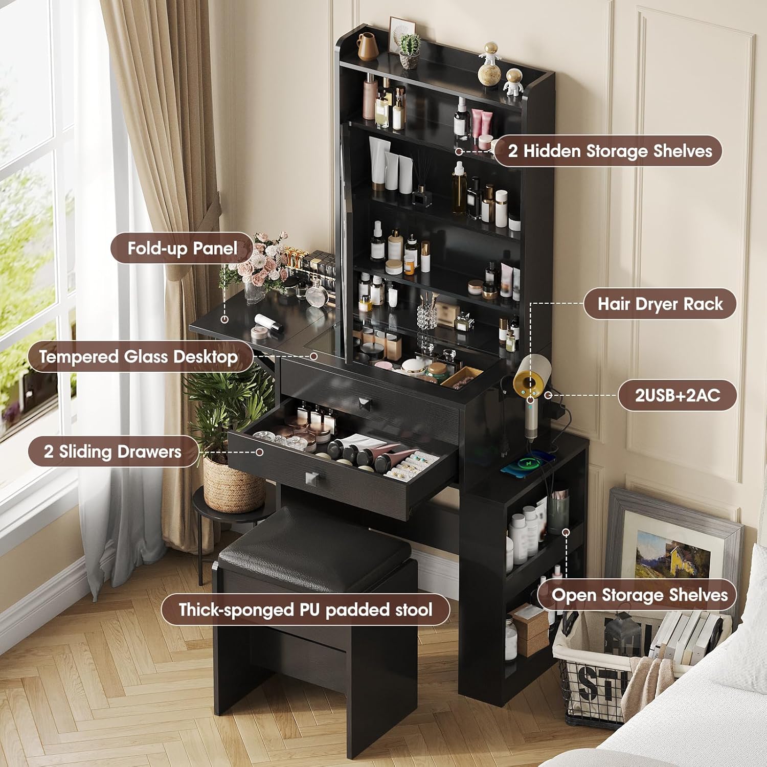 Small Makeup Vanity Desk, 3 Ad - Desk Setup Charging Station のレビューと価格