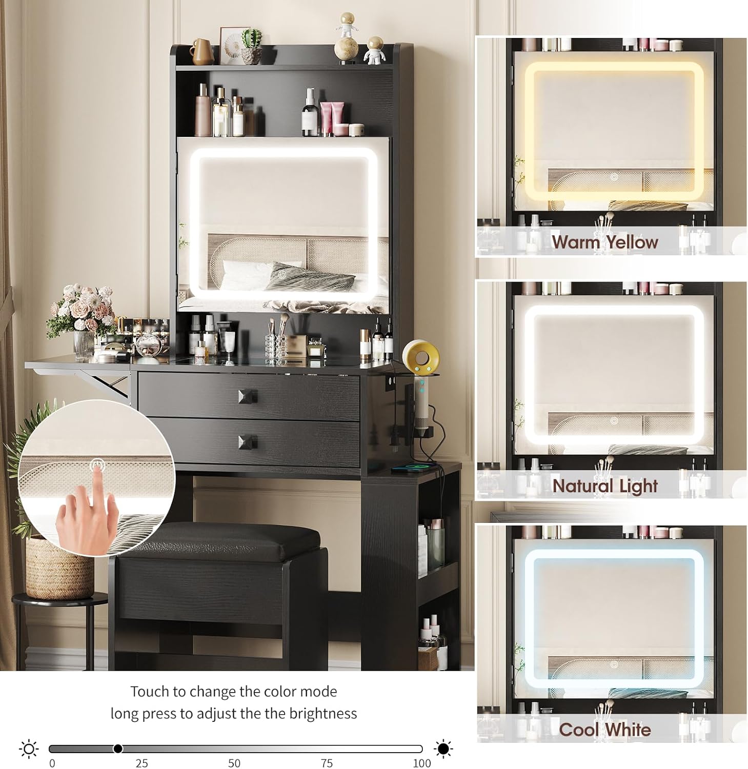 Small Makeup Vanity Desk, 3 Ad - Desk Setup Charging Station のレビューと価格