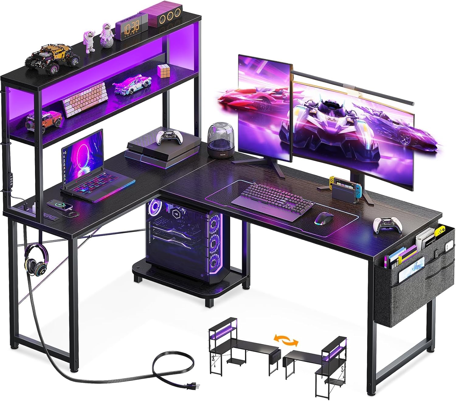 L Shaped Desk with LED Lights  - Desk Setup Black のレビューと価格