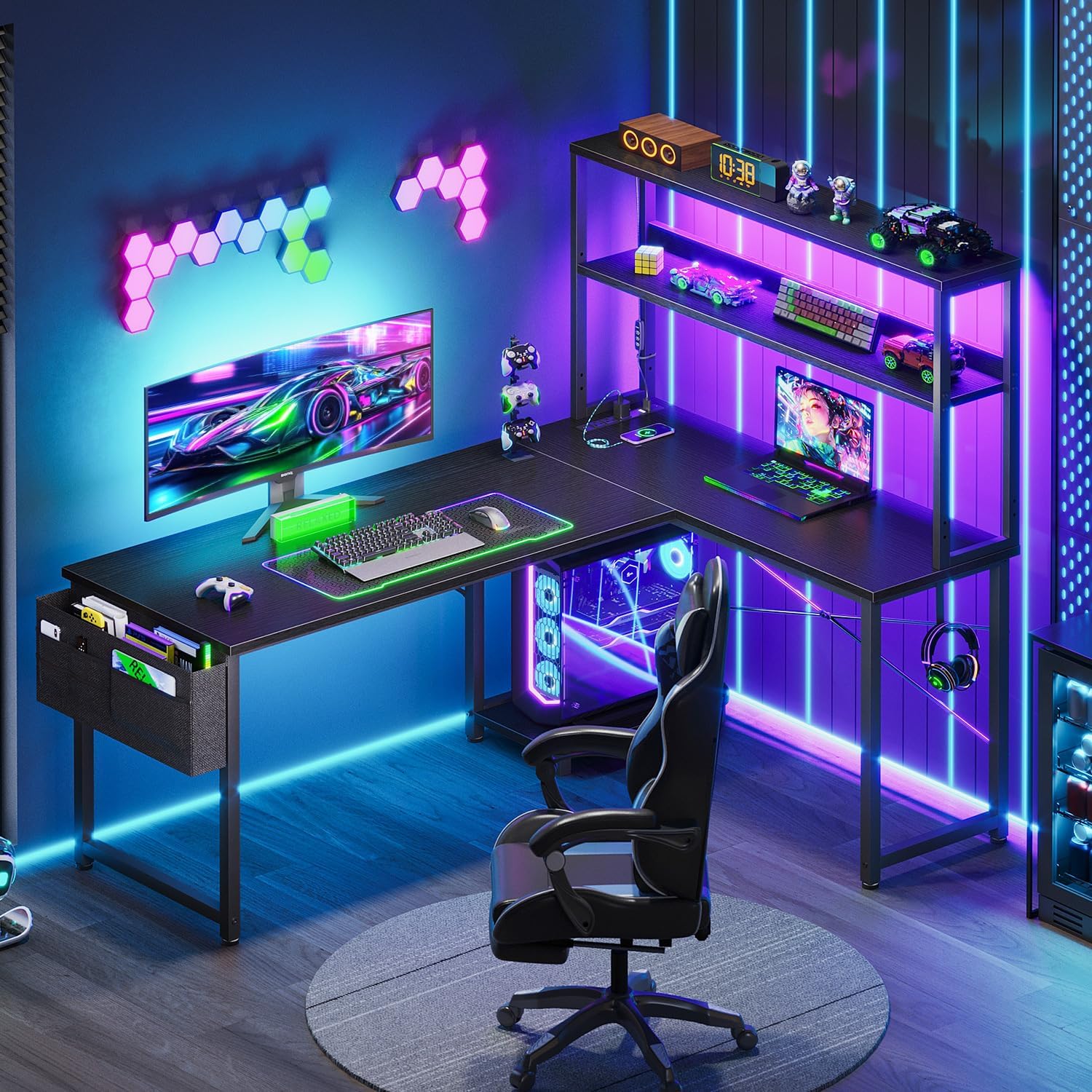 L Shaped Desk with LED Lights  - Desk Setup Black のレビューと価格