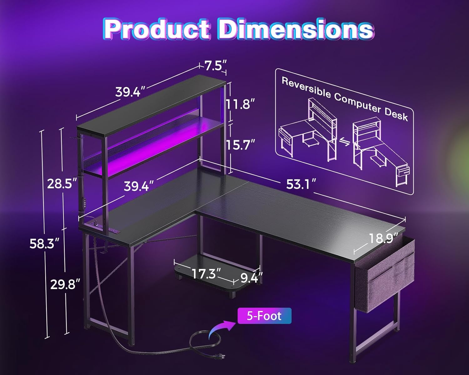 L Shaped Desk with LED Lights  - Desk Setup Black のレビューと価格