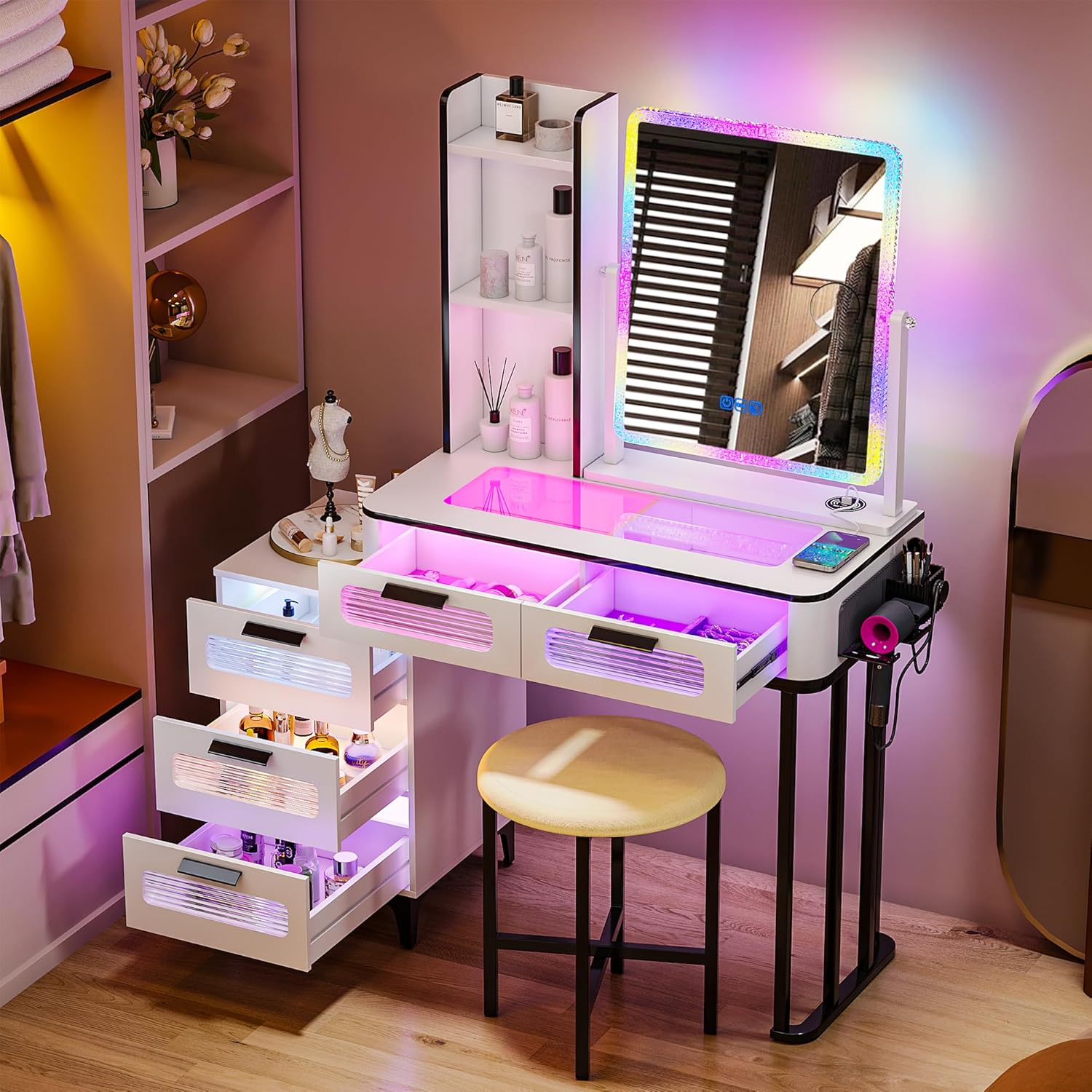 RGB Makeup Vanity Desk with Wi - Desk Setup Charging Station のレビューと価格