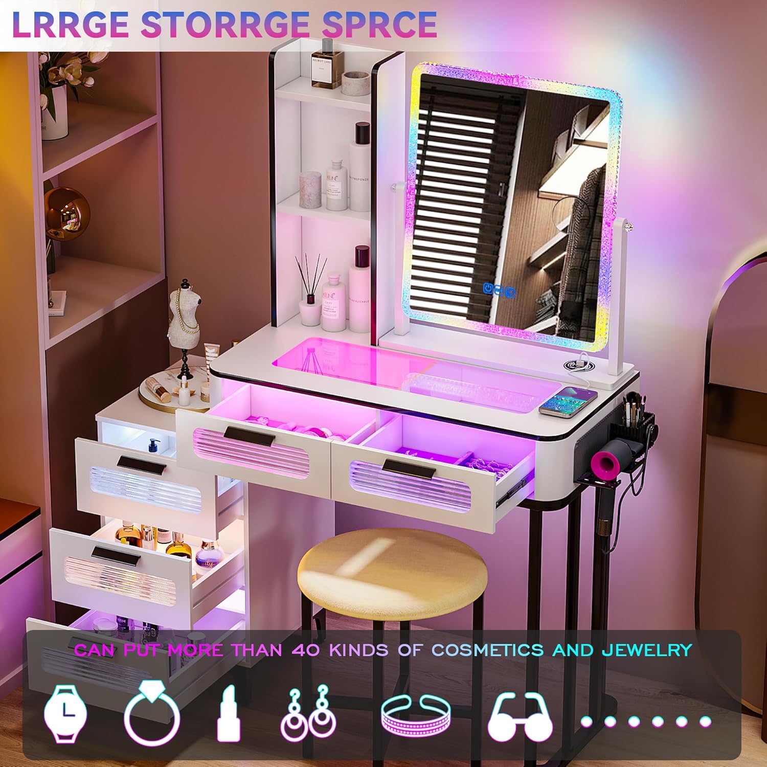 RGB Makeup Vanity Desk with Wi - Desk Setup Charging Station のレビューと価格